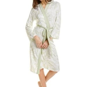 Hale Bob Mid-Length Kimono Robe Bamboo Green White Leaf Pattern Loungewear